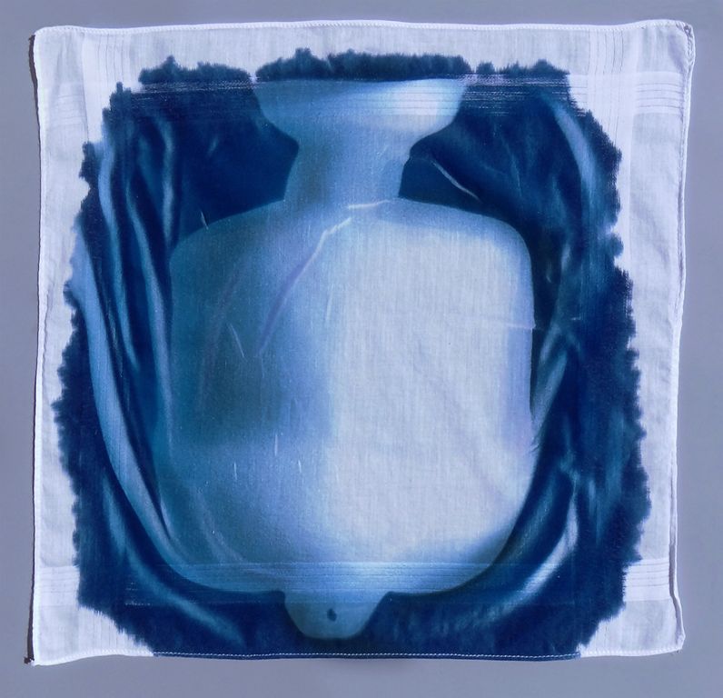 Unforgotten, Grandfather’s Toilette, Hot Water BottleCyanotype, photogram on handkerchiefKaren HillierBryan, TX
